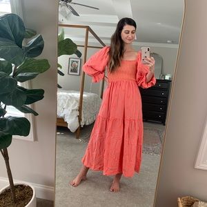 Argeousgor Boutique Watermelon Red Flower Bohemian Dress Square Neck Maxi